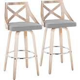 Charlotte 30" Swivel Bar Stool in White Washed Wood & Light Grey Fabric & Chrome (Set of 2)